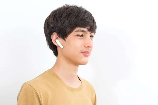 Joyful Handsome Boy 12Y Wearing Earpods Smiling White Background — Stock Photo, Image