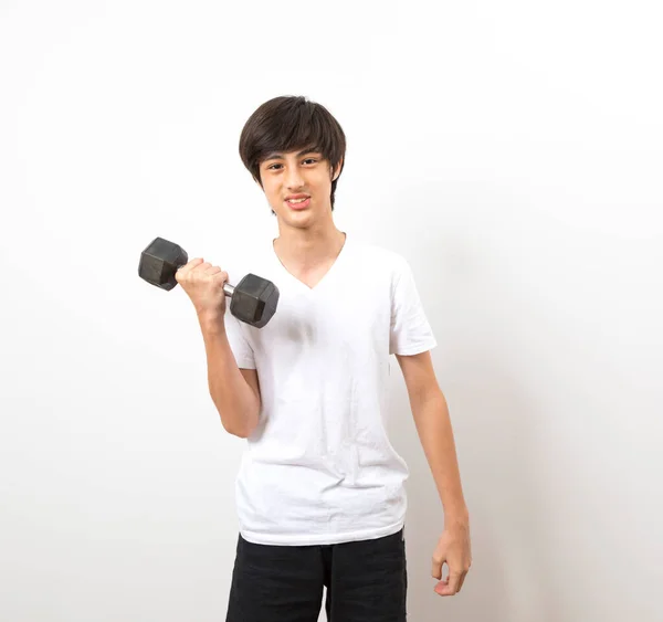 Young Teenage Boy Exercising Dumbbells Isolated White Background — Stock Photo, Image