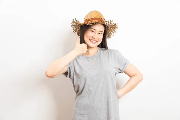 Asiatisches Mädchen Grauem Shirt Und Strohhut Auf Weißem Hintergrund — Stockfoto