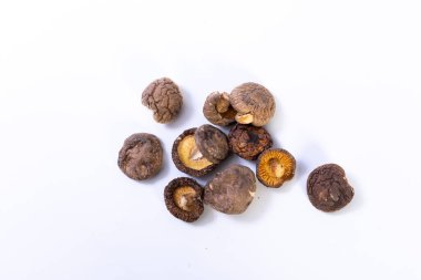 Beyaz arka planda kurutulmuş shiitake mantarı..