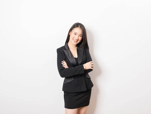 Beautiful Asian Business Woman Wearing Black Suit Stand White Background — Stock Photo, Image