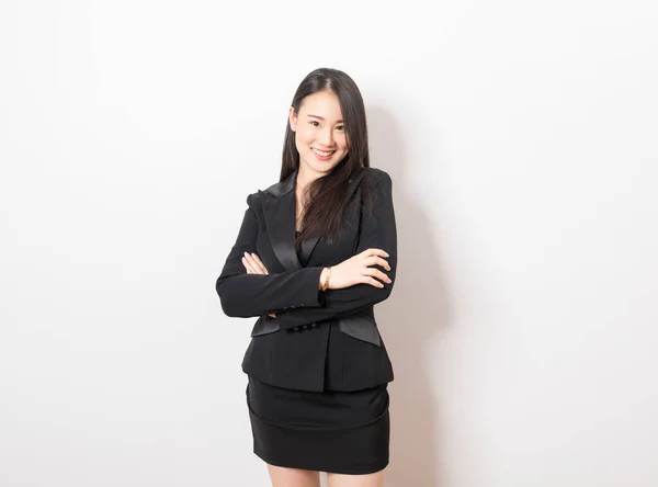 Beautiful Asian Business Woman Wearing Black Suit Stand White Background — Stock Photo, Image