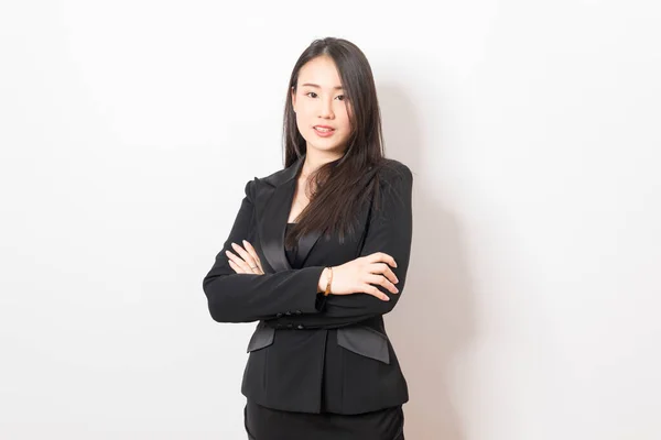 Beautiful Asian Business Woman Wearing Black Suit Stand White Background — Stock Photo, Image