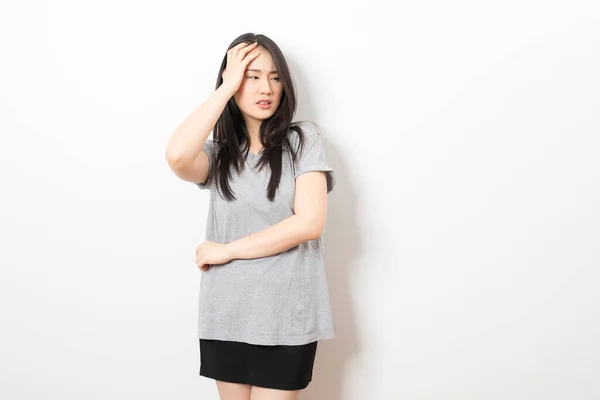 Beautiful Asian Young Woman Wearing Casual Grey Shirt Feeling Pain — Stock Photo, Image