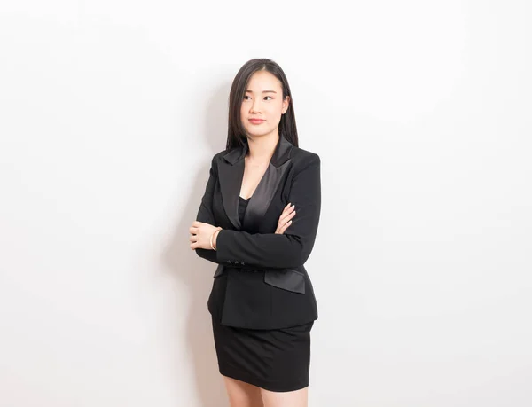 Beautiful Asian Business Woman Wearing Black Suit Stand White Background — Stock Photo, Image