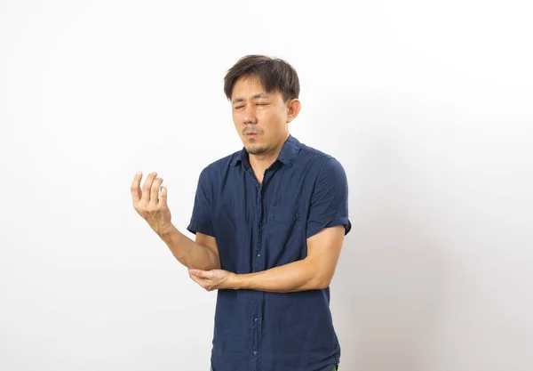 Middle Aged Asian Man Suffering Elbow Pain — Stock Photo, Image