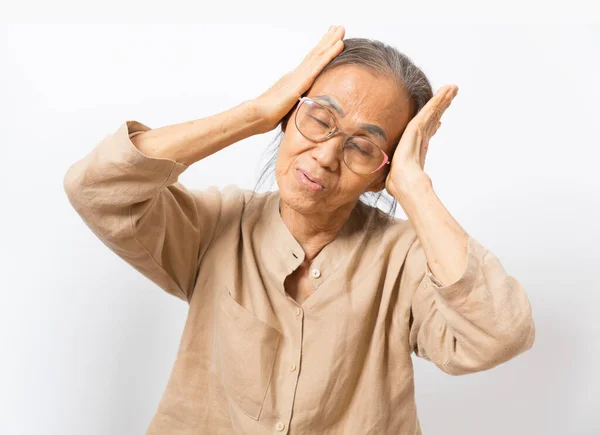 Senior Asian Women Feeling Headache Thinking Problems Stand White Background — Stock Photo, Image