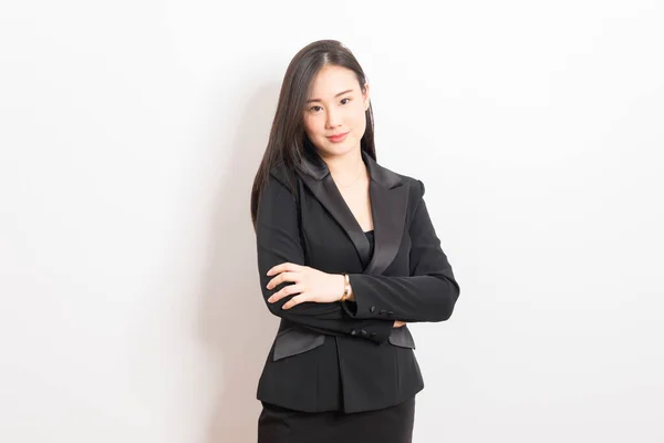 Beautiful Asian Business Woman Wearing Black Suit Stand White Background — Stock Photo, Image