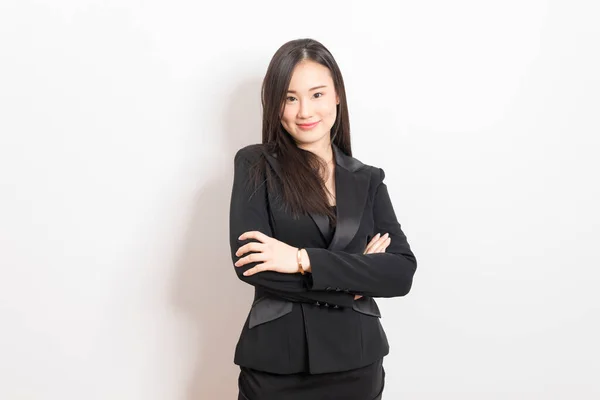 Beautiful Asian Business Woman Wearing Black Suit Stand White Background — Stock Photo, Image