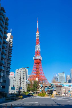 Tokyo, Japonya - 5 Ocak 2020: Tokyo Kulesi, Tokyo, Japonya 'daki Shiba Park' tan 5 Ocak 2020 'ye bakıyor..