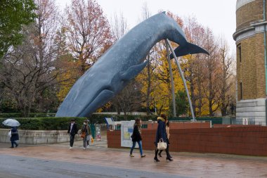 Tokyo, Japonya - 18 Aralık 2019: Tokyo 'daki Ulusal Doğa ve Bilim Müzesi önünde yürüyen tanımlanamayan kişiler