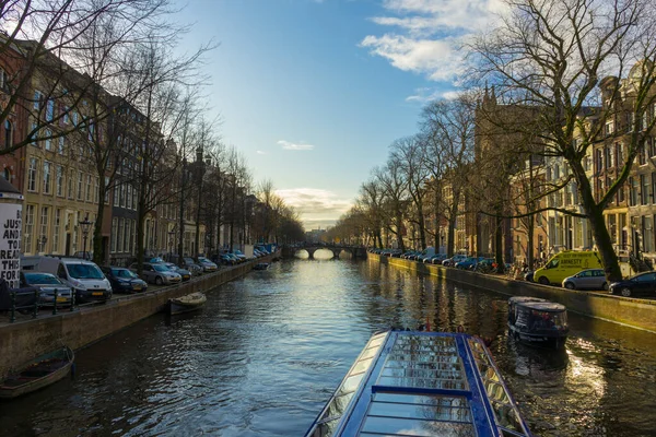 Amsterdam Netherlands Nov 2019 View Houses Boats Amsterdam Canal Morning — Stock Photo, Image