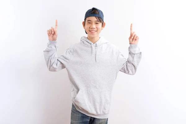 Asian Teen Boy Students Pointing Finger Standing White Background — Stock Photo, Image