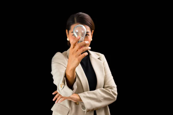 Successful Asian Businesswoman Standing Black Background Holding Bitcoin Money — Fotografia de Stock