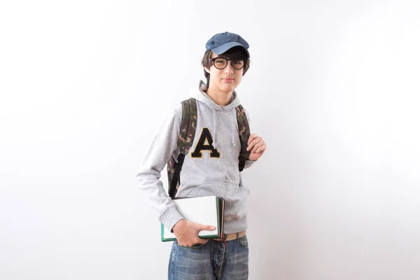 Knappe Tiener Jongen Studenten Dragen Een Rugzak Boeken Wijzende Vinger — Stockfoto