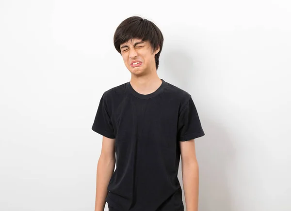 Young Caucasian Boy Black Shirt Making Funny Expression White Background — Stock fotografie