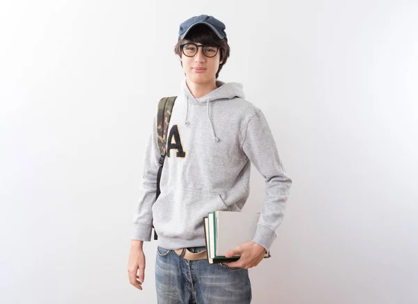 Guapo Adolescente Chico Estudiantes Llevando Mochila Libros Señalando Dedo Pie — Foto de Stock