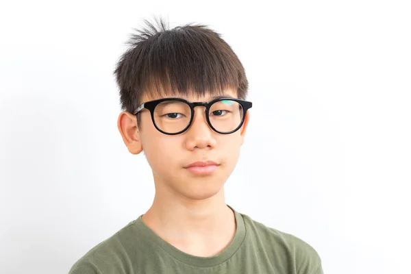 Retrato Colegial Asiático Usar Gafas Con Sonrisa Pie Sobre Fondo — Foto de Stock