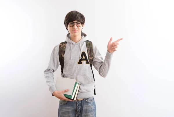 Handsome Teen Boy Students Carrying Backpack Books Pointing Finger Standing — Stock Photo, Image