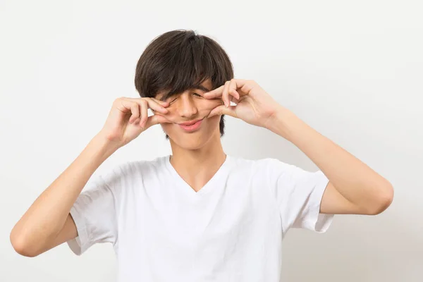 Young Caucasian Boy Black Shirt Making Funny Expression White Background — 스톡 사진