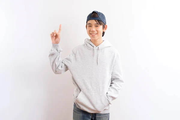 Asian Teen Boy Students Pointing Finger Standing White Background — Stock Photo, Image