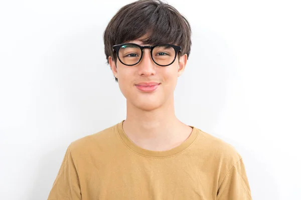 Handsome Teen Boy Eyeglasses Casual Brown Shirt Isolated White Background — Stock Photo, Image