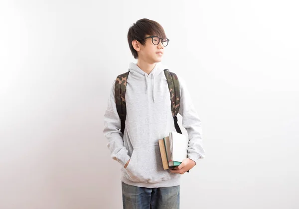 Asian Teen Boy Students Carrying Backpack Books Pointing Finger Standing — Stock Photo, Image
