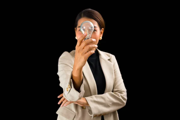 Successful Asian Businesswoman Standing Black Background Holding Bitcoin Money — Fotografia de Stock