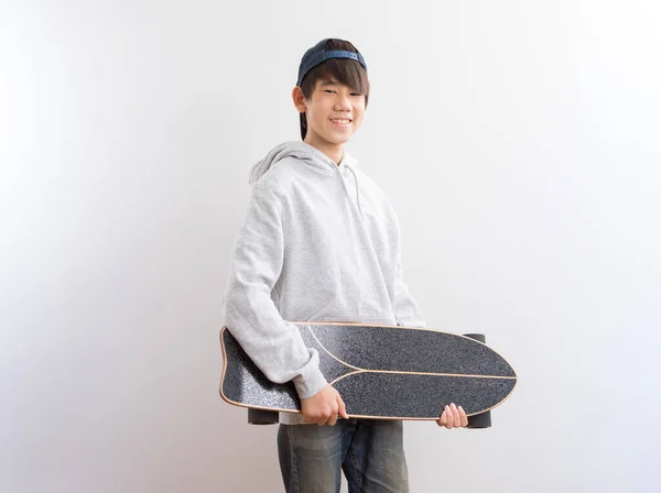 Asian Teen Boy Holding Longboard Isolated White Background — Stock Photo, Image