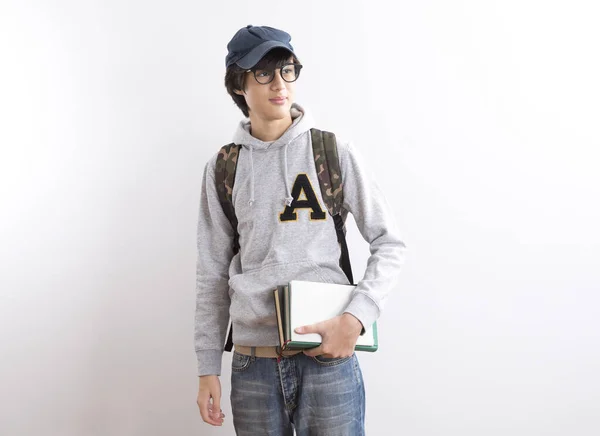 Handsome Teen Boy Students Carrying Backpack Books Pointing Finger Standing — Stock Photo, Image
