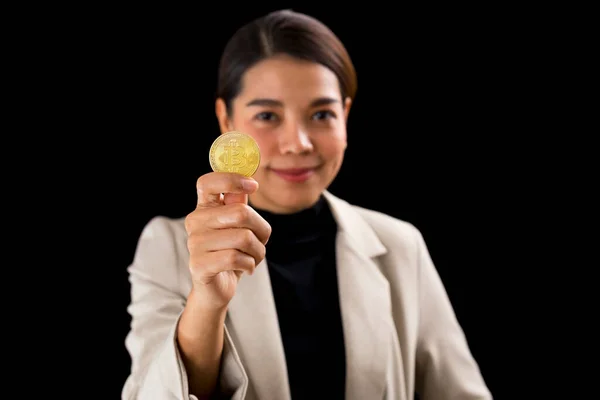 Successful Asian Businesswoman Standing Black Background Holding Bitcoin Money — Stockfoto