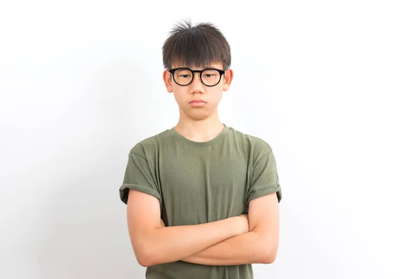 Retrato Colegial Asiático Usar Gafas Con Sonrisa Pie Sobre Fondo — Foto de Stock