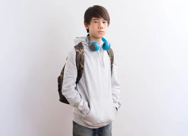 Young Boy Backpack Bag Coffee White Background — Fotografia de Stock