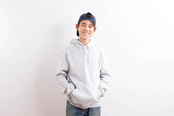 Asian Teen Boy Students Wear Hoodie Standing White Background — Stock Photo, Image