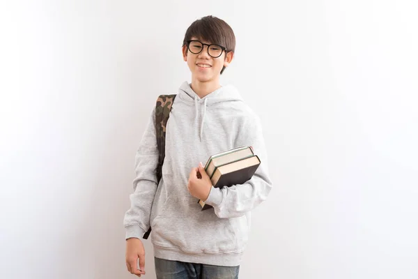 Asian Teen Boy Students Carrying Backpack Books Pointing Finger Standing — Stock Photo, Image