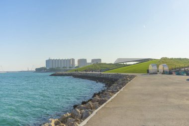 Doha, Katar - 23 Kasım 2019: Kimliği belirsiz insanlar yeşil çimlerde dinleniyor