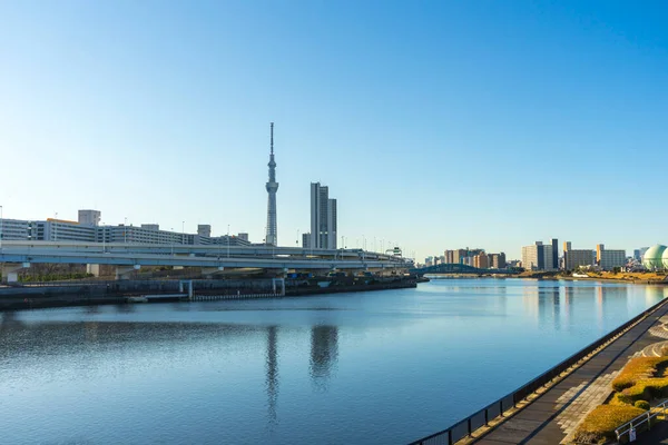 Tokyo Skytree Com Fundo Azul Céu Rio Sumida Como Primeiro — Fotografia de Stock