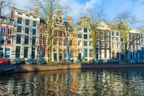 암스테르담 네덜란드 Nov 2019 View Houses Boats Amsterdam Canal Twilight — 스톡 사진