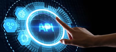 API - Uygulama Programı Arayüzü. Yazılım geliştirme aracı. İş, modern teknoloji, İnternet ve ağ kurma kavramı. 