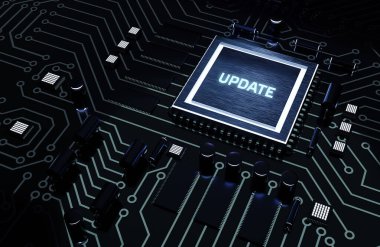 İş, Teknoloji, İnternet ve ağ konsepti. Yazılım bilgisayar programını güncelle. Mikroçip.