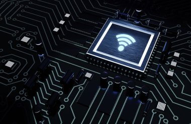 İş, Teknoloji, İnternet ve ağ konsepti. Ücretsiz kablosuz ağ sinyali. Mikroçip