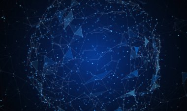 Soyut fütüristik, koyu mavi arka planda çokgen şekilli teknoloji. Dijital teknoloji konsepti tasarla. 3d illüstrasyon