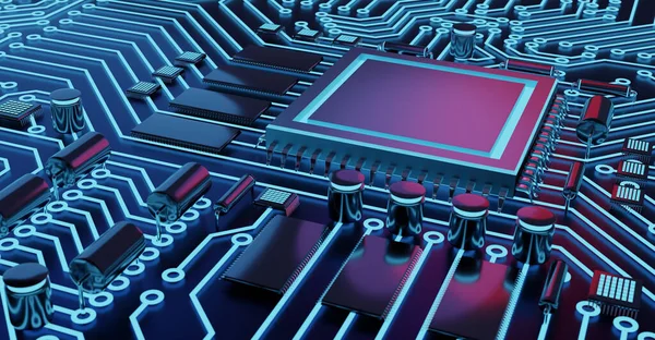 CPU Chip on Motherboard - abstract 3D render of a computer processor chip on a circuit board with microchips and other computer parts