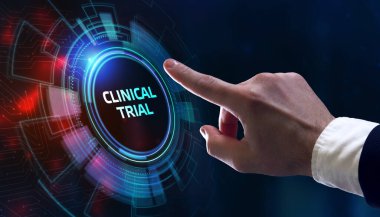 İş, teknoloji, internet ve ağ konsepti. Anahtar kelimeyi gösteren genç girişimci: Klinik deney