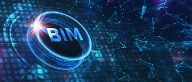İş, teknoloji, internet ve şebeke kavramı. Geleceğin sanal ekranı ve yazıyı görüyor: BIM