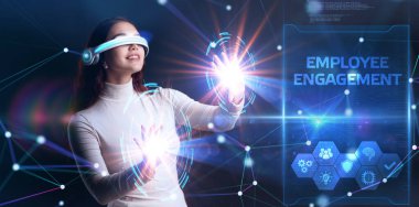 İş, Teknoloji, İnternet ve ağ konsepti. Genç işadamı sözcüğü gösterdi: Çalışan nişanı