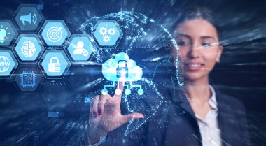 Siber güvenlik veri koruması iş teknolojisi gizlilik kavramı. Genç işadamı sanal ekrandaki ikon güvenliğini seçin.