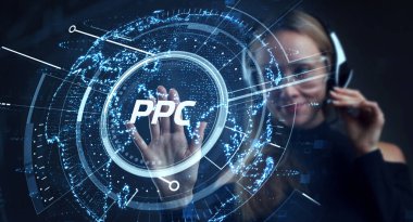 Tıklama başına ödeme teknolojisi dijital pazarlama internet sanal ekran konsepti. PPC