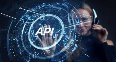 API - Uygulama Programı Arayüzü. Yazılım geliştirme aracı. İş, modern teknoloji, İnternet ve ağ kurma kavramı
