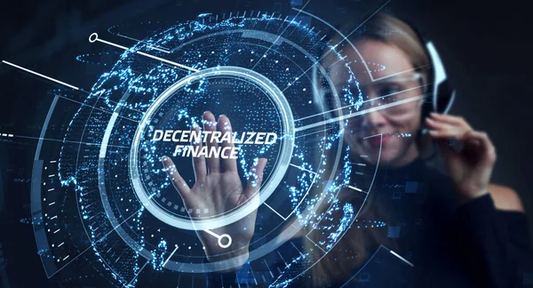 Defi Decentralizované Finance Tmavomodrém Abstraktním Polygonálním Pozadí Koncepce Blockchain Decentralizovaný — Stock fotografie